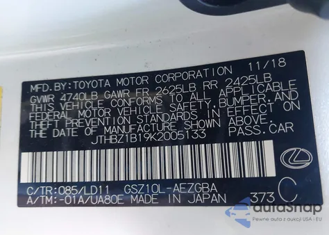 2019 Lexus Es 350 z USA, uszkodzony, nr VIN JTHBZ1B19K2005133